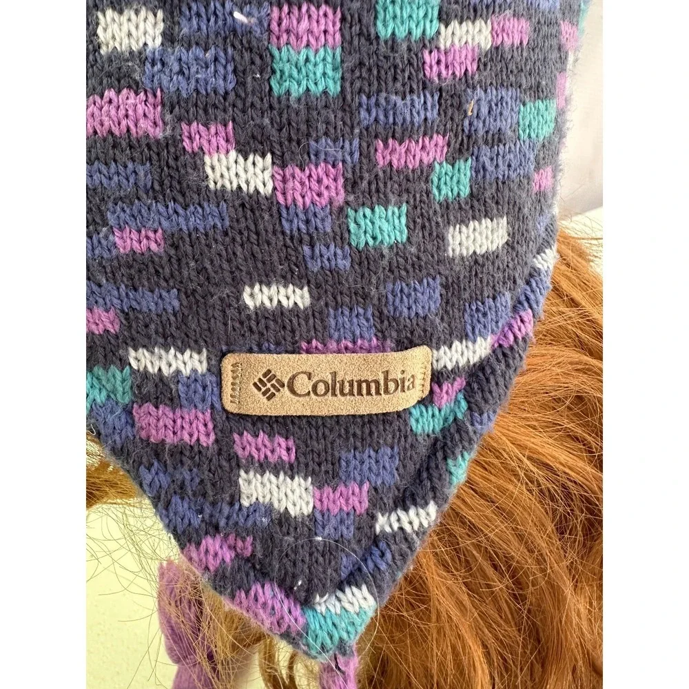 Columbia Youth Omni-Heat Beanie Purple Color Block Tassel Winter Hat Acrylic Ski